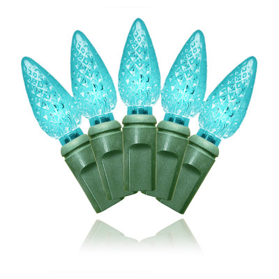 35 lumières DEL bleu sarcelle C6 espacées de 4 po sur fil vert
