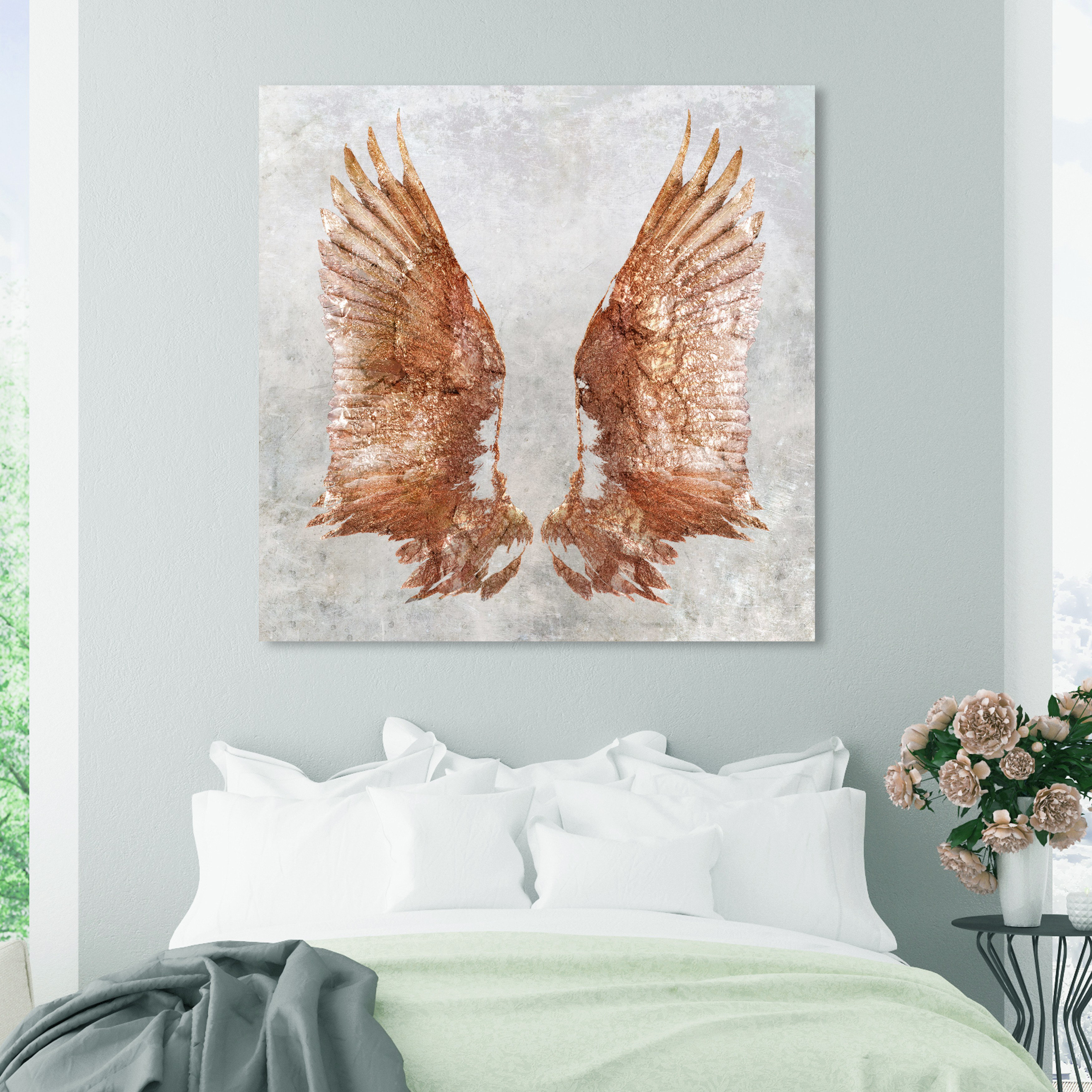 Rose Gold Wings' Graphic Art Print on Wrapped Canvas House of Hampton Format: White Framed, Size: 12 H x 12 W x 1.5 D