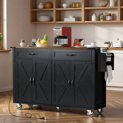 Farmhouse Kitchen Island With Power Outlet, Drop Leaf, Spice Rack, Drawers, And Wheels
