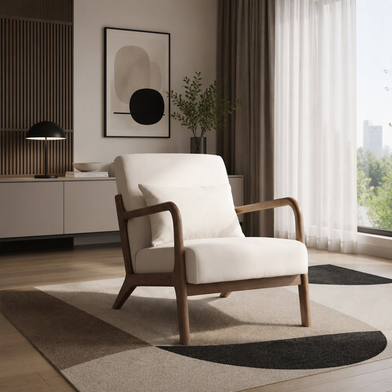 Chaise d'appoint rembourrée avec coussin lombaire Mid-Century, Blanc antique, Brun