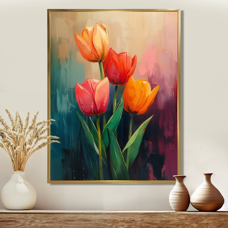 «Orange Orange Vibrant Bloom Tulips II», impression d'art mural, Cadre doré flottant, bois massif, H 16 po x l 32 po