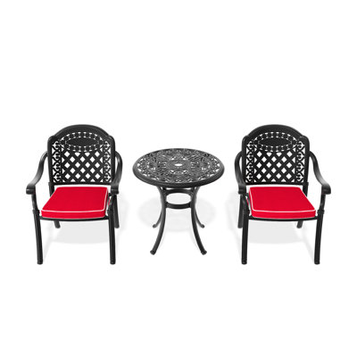 Cast Aluminum 3 Outdoor , Black Frame, Random Color Cushions For Cheerful Time, Stackable Chairs, Round Table With Umbrella Hole Patio Furniture Black, Outdoor, Protected, Socket
