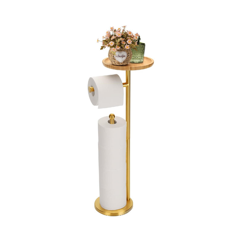 Toilet Paper Holder Stand With Bamboo Shelf, For 5 Toilet Paper Rolls