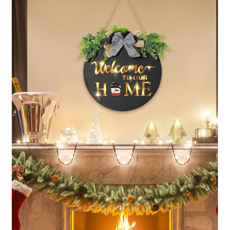 12" White Interchangeable Welcome Sign, 17 Seasonal Holiday Icons Front Door Porch Decor, Black