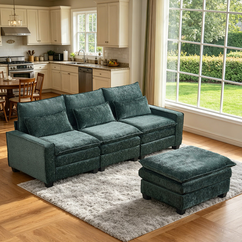 {New Arrived} 99.50 Inch 3-Seater Chenille Modular Sofa Set with Movable Ottoman,Free Combination, Green Chenille