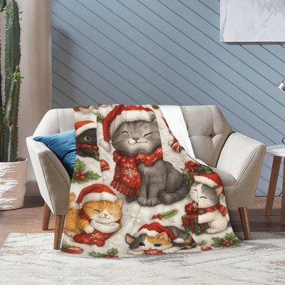 Couverture de Noël pour chat, motif chaton Père Noël et flocons de neige, cadeau idéal pour les amoureux des chats, 127 x 152 cm. De plus, un sac fourre-tout en toile avec un chat et un chapeau de Noël vous est offert.