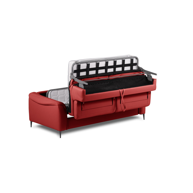 Genuine Leather 2 Seater Sofa Bed with Mattress with Adjustable Headrests Venezia, Red