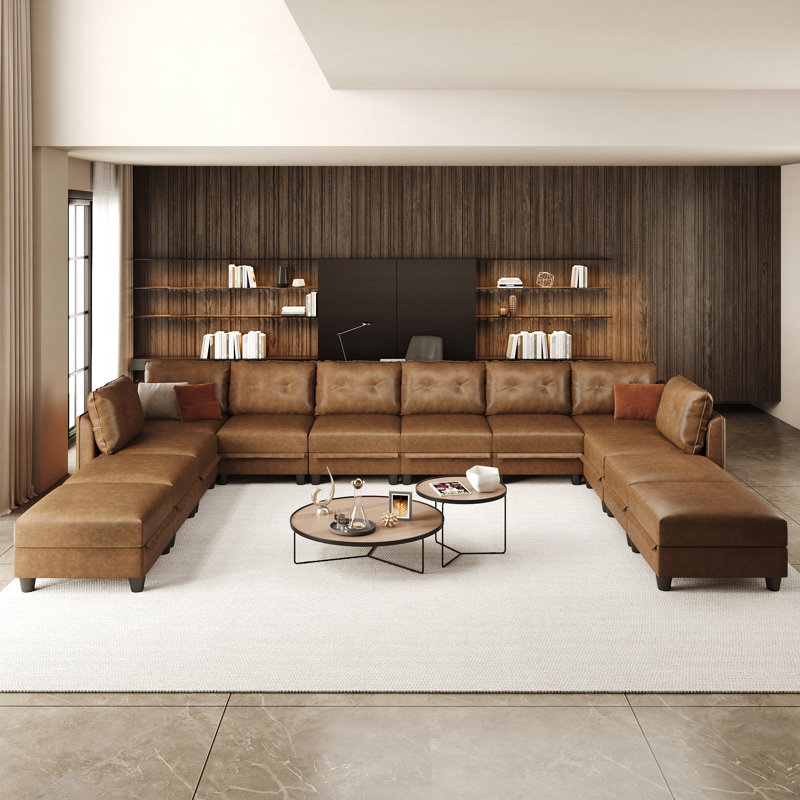 Modular Sectional Sofa With Storage, Modern Brown Faux Leather, Reversible Chaise, U Shaped Couch For Living Room, Waterproof & Easy Clean, 8 Seats With 4 Ottoman
