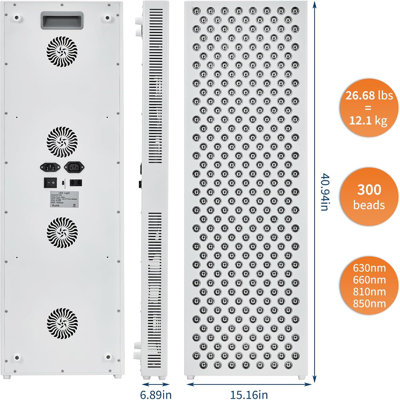 Panneau de luminothérapie 300 près de la lumière infrarouge proche de 300 DEL à 4 longueurs d'ondes, minuterie intégrée et ventilateur de refroidissement, haute puissance pour la récupération des muscles du visage et du corps, énergie, TR1500, sans support