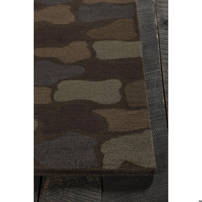 Tapis mosaïque rustique moderne en laine touffeté à la main brun, vert, mauve, doré, brun clair et bleu Bartz