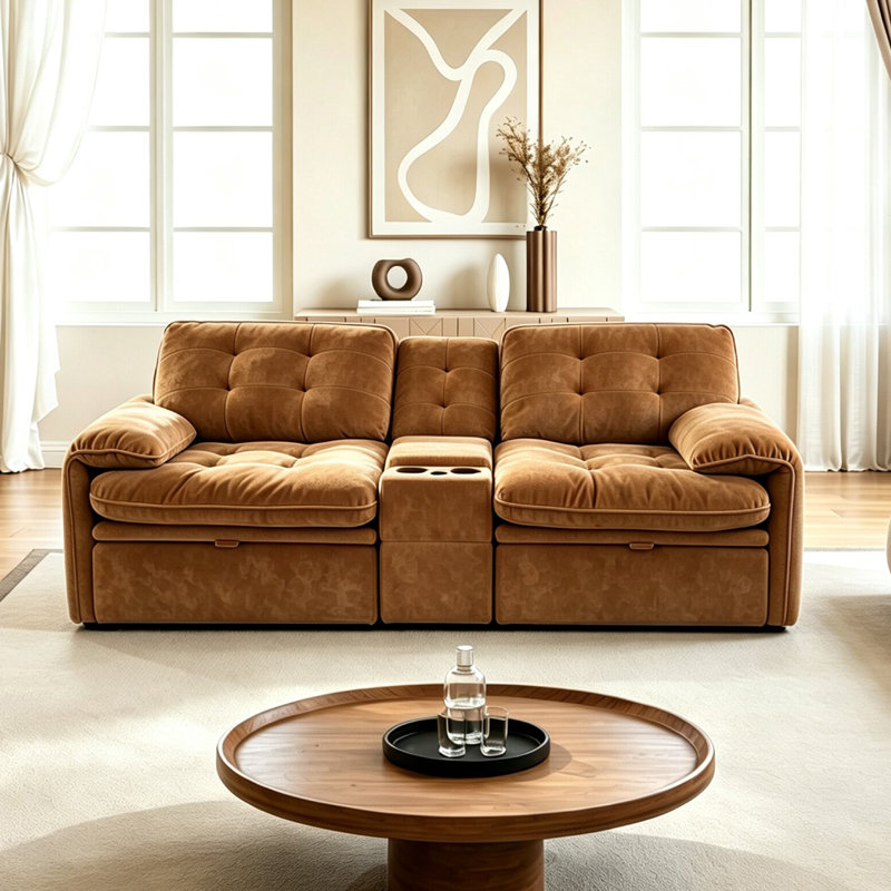 Canapé d'angle modulaire Cloud de 213 cm (83,86 po), canapé rembourré surdimensionné avec console centrale, porte-gobelets et pouf coulissant, canapé profond en tissu moelleux pour salon