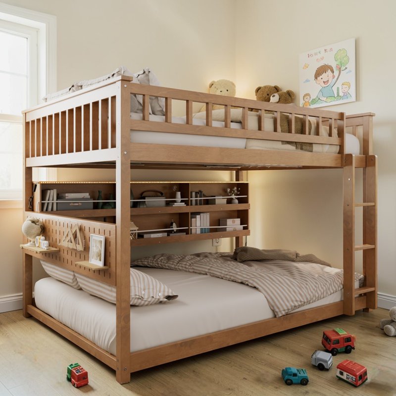 Full Over Full Bunk Bed, Space-Saving Design, Wood, Shelves & Pegboard, Modern Farmhouse, Kids' Bedroom, Brown