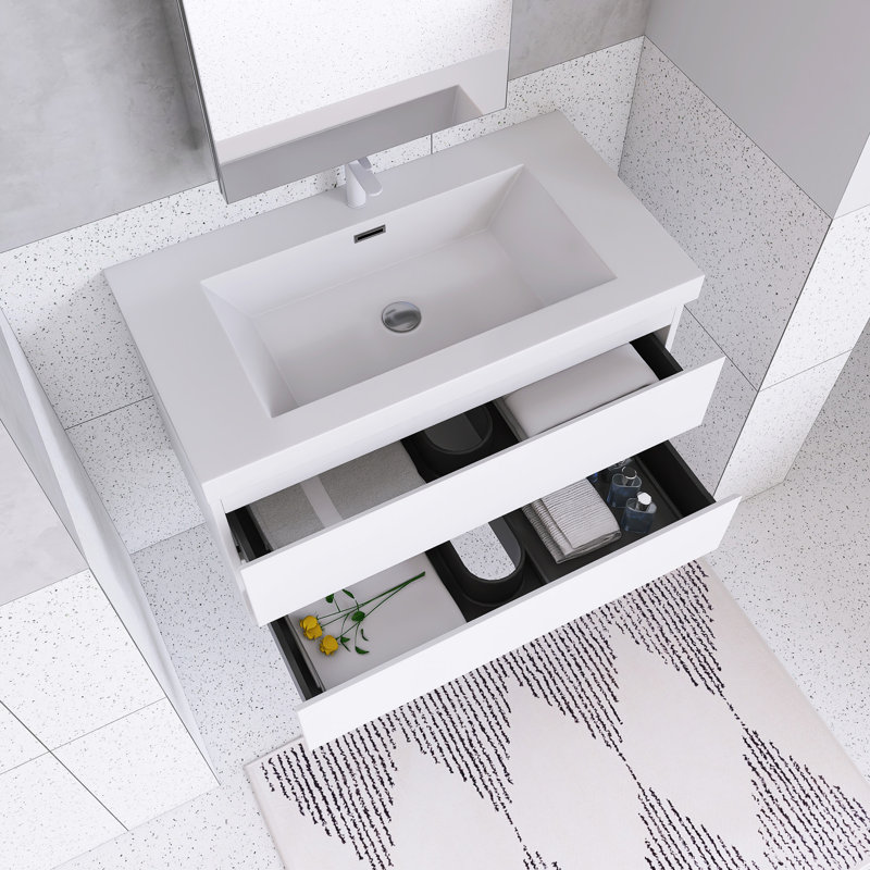 Meuble-lavabo flottant 36 po avec lavabo et plateau en résine 36 po, Blanc lustré
