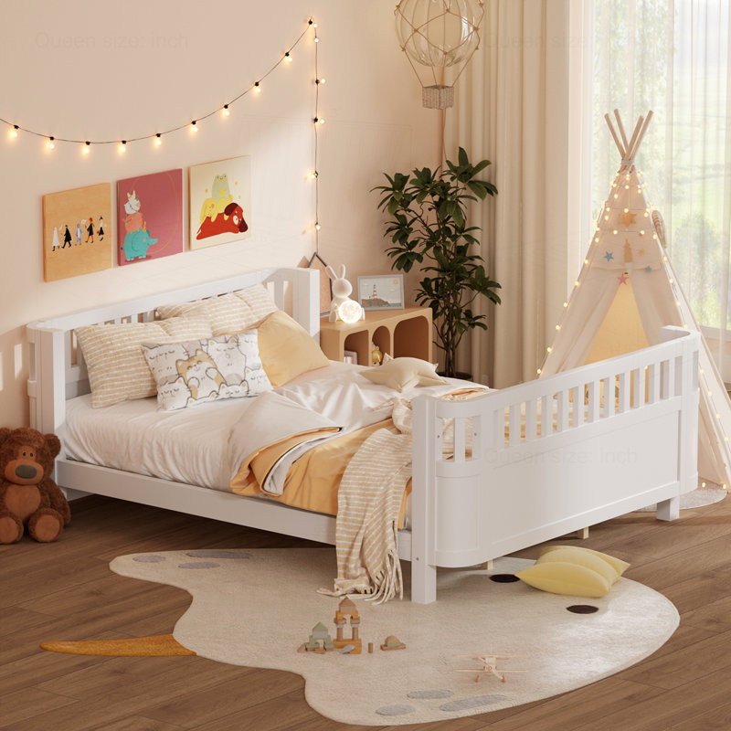 Lit plateforme en bois avec rails, Blanc