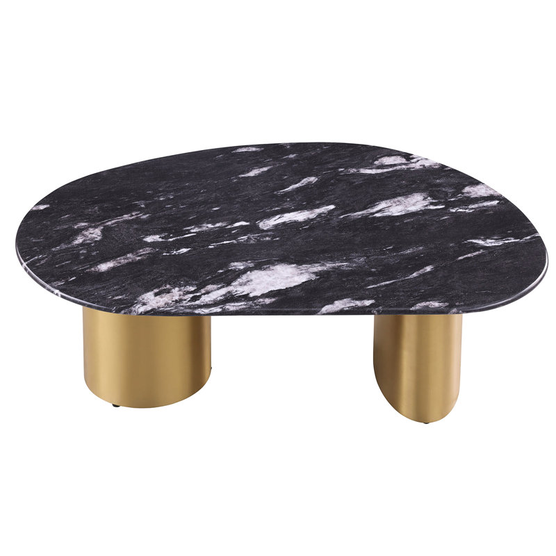 Table basse ovale 1pc avec pieds en pierre frittée, pieds dorés, coins doux, salon noir, gris et or mat