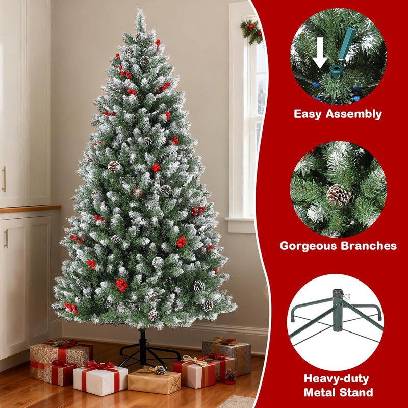 Arbres de Noël artificiels, flocons de neige et baies rouges, H 4 pi