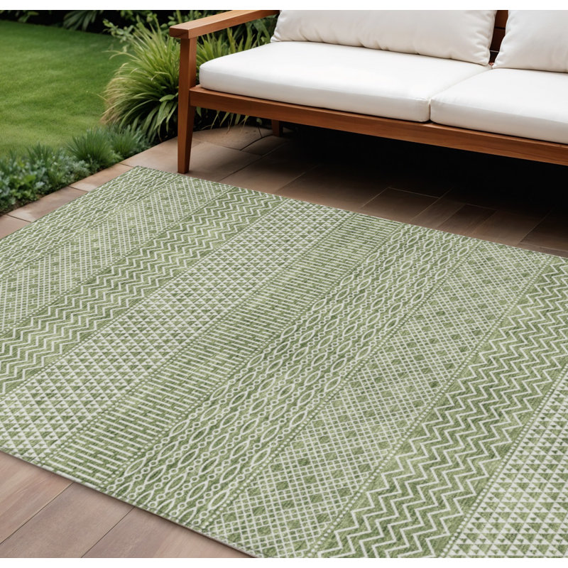 Tapis extérieur lavable à motif de chevrons vert et ivoire 10 pi x 14 pi