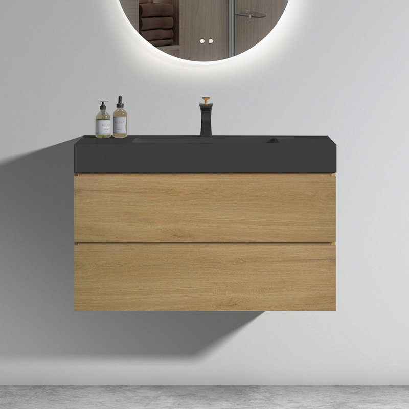 Meuble-lavabo de salle de bain flottant mural, Noyer, Noir