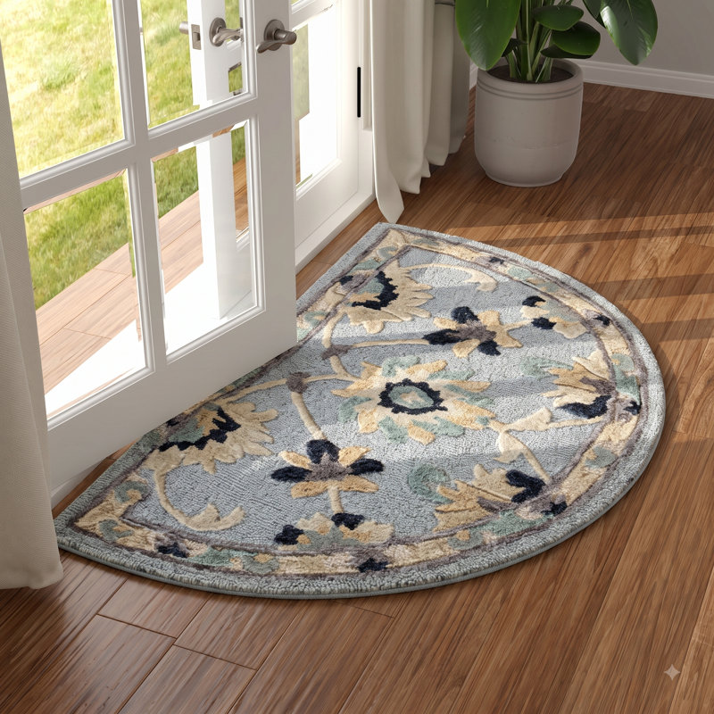 Emmersen Floral Handmade Wool Area Rug in Gray, Half Circle 2'3" x 3'10"