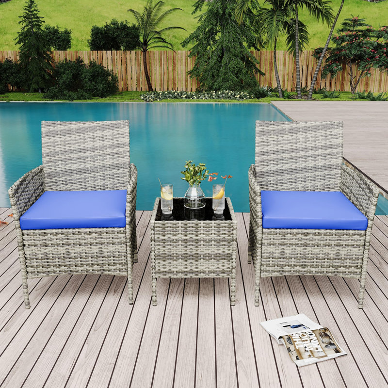 3-Piece Outdoor Patio Bistro Set with 2 Rattan Chairs and Glass Coffee Table, Wicker Conversation Set for Porch, Backyard, Garden