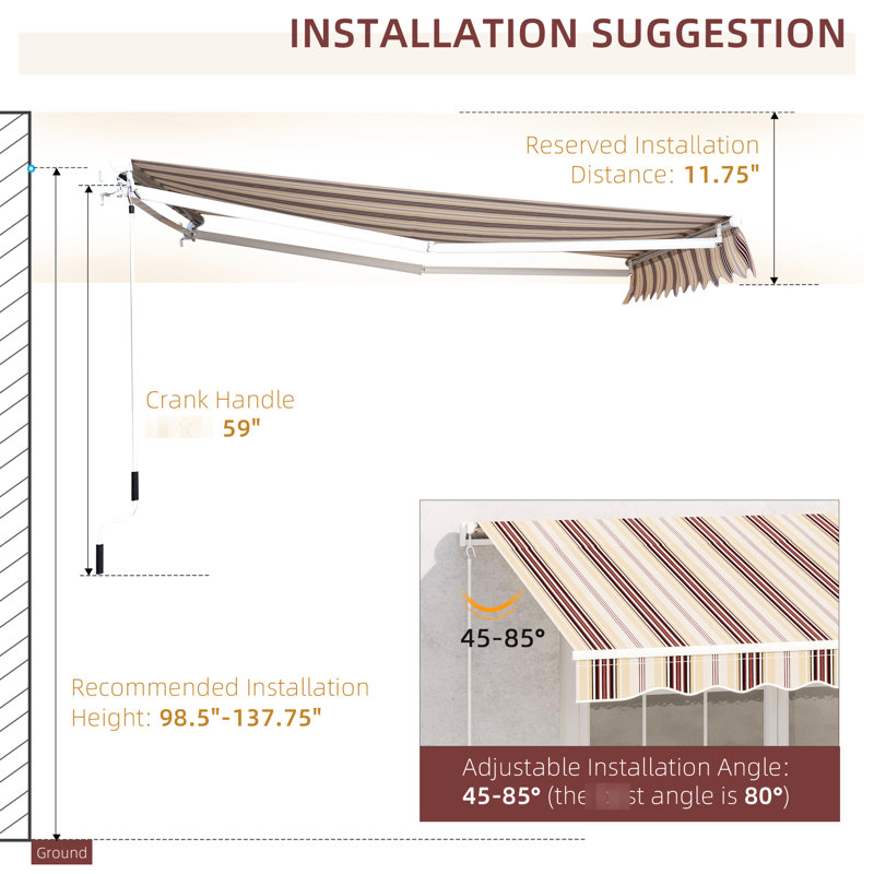 Auvent rétractable 13 'x 8' pour patio - et eau -, cadre en aluminium, manivelle manuelle, manivelle de balcon rouge à rayures, cour