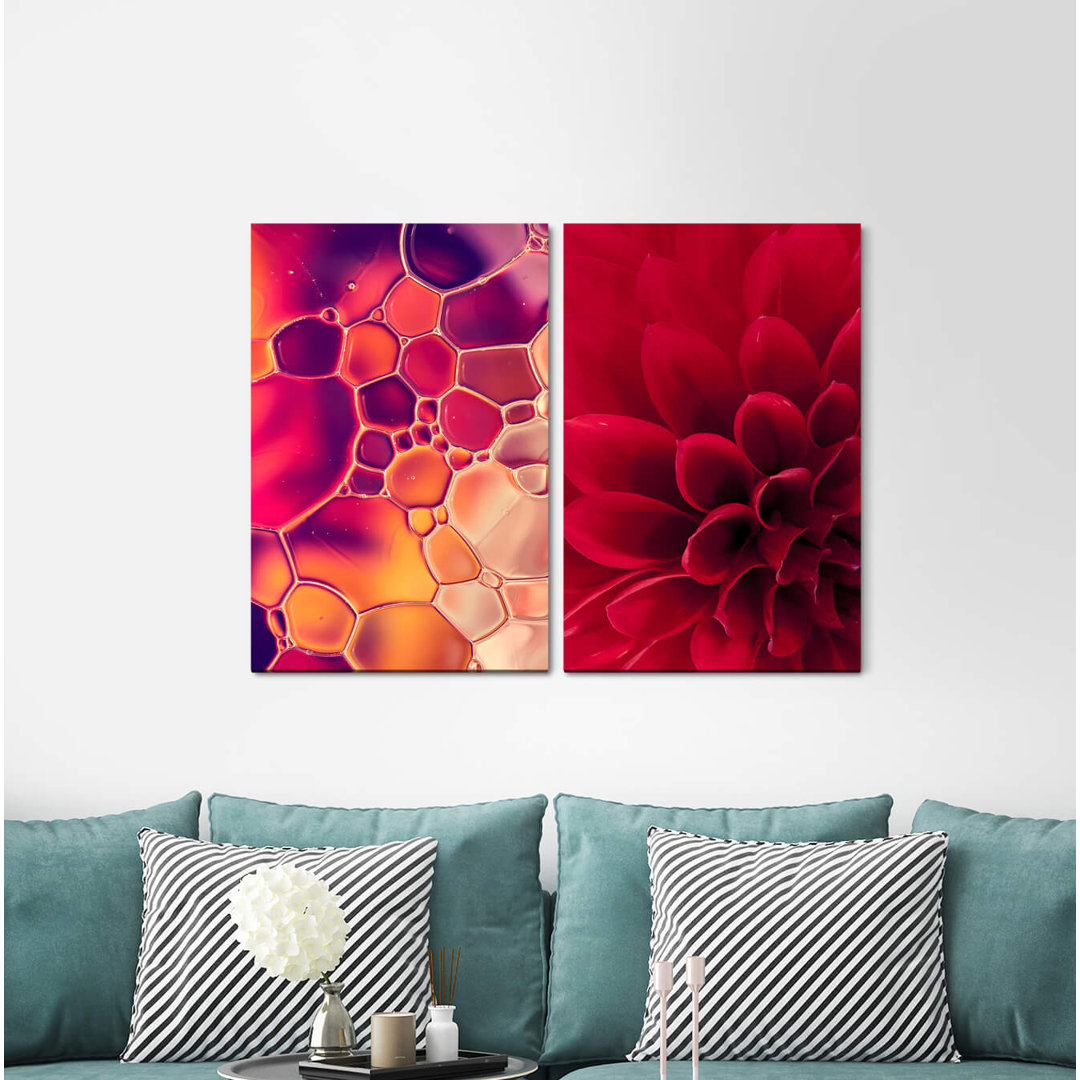 2-tlg. Leinwandbilder-Set - Grafikdruck „Dahlia Red Blossom Water Bubbles Colourful”