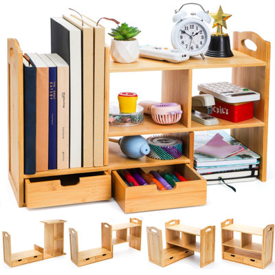 Bamboo Desktop Bookshelf, Expandable Counter Bookcase,(Nature)