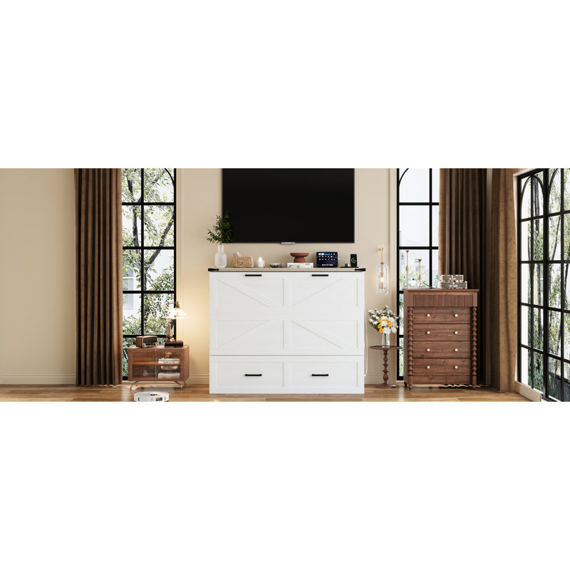Lit plateforme double pliable pleine grandeur avec équipement de charge et boîte de rangement abondante, armoire blanche pour la chambre d'amis compacte