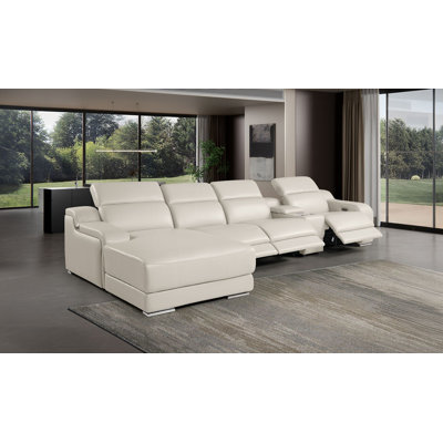 Canapé modulaire en forme de L crème en cuir italien 5 pièces faisant face à la gauche avec 3 fauteuils inclinables électriques et appuis-tête réglables