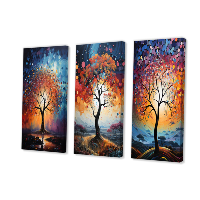 Arbre de baobab coloré abstraction - ensemble de salon art mural arbre baobab de 3, Toile tendue, H 28 po x l 36 po