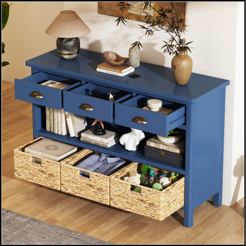 Console rétro avec 3 tiroirs de rangement et paniers tissés pour le vestibule, le couloir et le salon, Navy