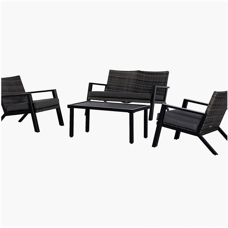Ensemble de meubles de patio 4 pièces Outsunny, 2 chaises en osier PE, canapé causeuse, table basse d'extérieur, coussins moelleux, canapé et fauteuils pour la cour, le jardin, noir