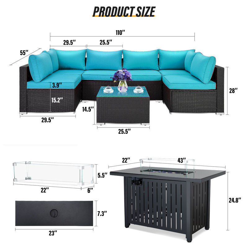 Ensemble de conversation modulaire avec coussins 7 pièces, Bleu paon