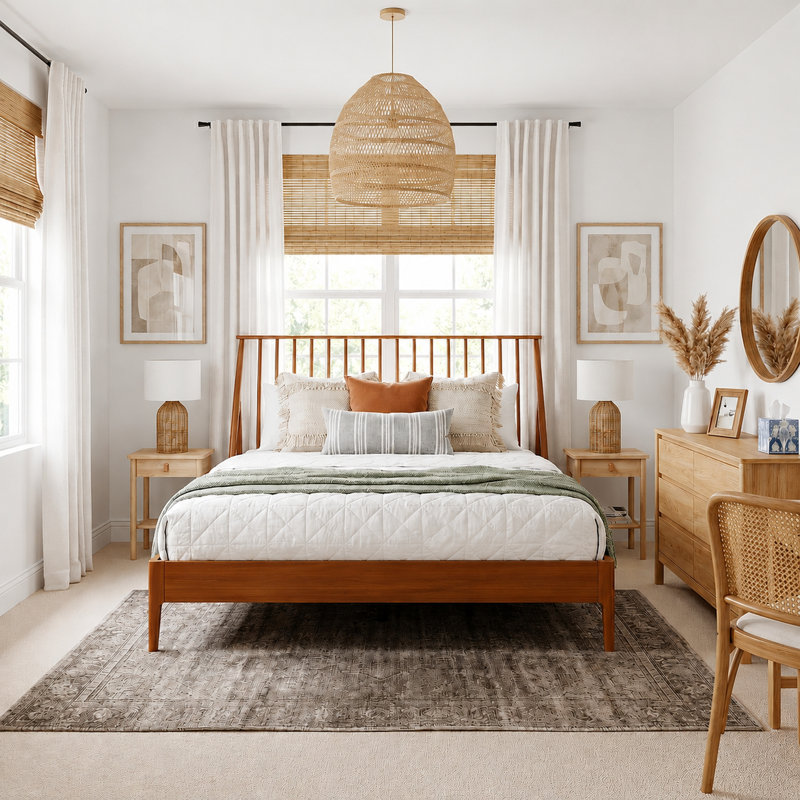 Mid-Century Modern Boho Spindle Platform Bed with 46.5" Tall Headboard,   Solid Bamboo Wood Bed Frame with Wooden Slats & Metal Support, No Box Spring Needed, Brown, King