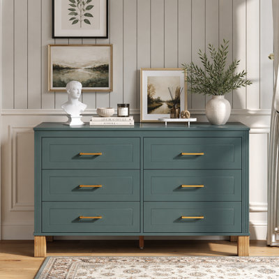 6-Drawer Double Dresser in Blue, Modern Storage Cabinet with Metal Handles & Solid Wood Legs, Dresser Drawer Organizer for Kids Bedroom, Heavy-Duty Wooden Dresser with Pre-Installed