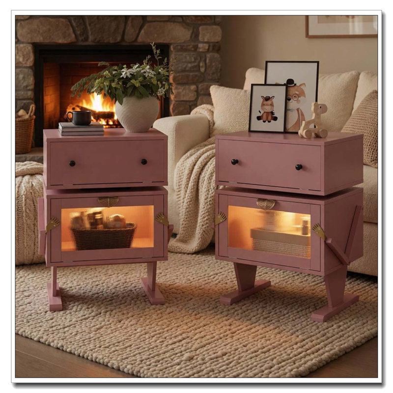 Table de chevet large rose en forme de robot avec DEL et tiroir pivotant, Pink