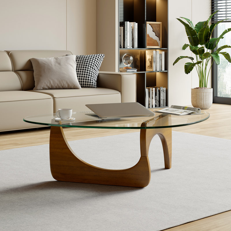 Triangle Glass Coffee Table With Solid Wood Base Abstract Glass Table for Living Room, Walnut/Clear