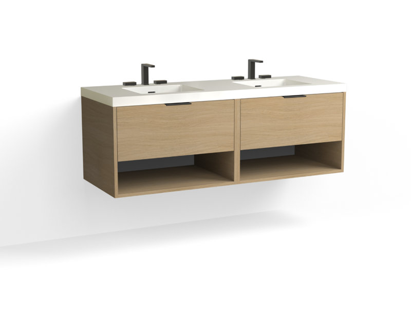 Modo 60" W Wall Mounted Double Bathroom Vanity, Glossy White/8" Widespread, Nocino, Satin Nickel