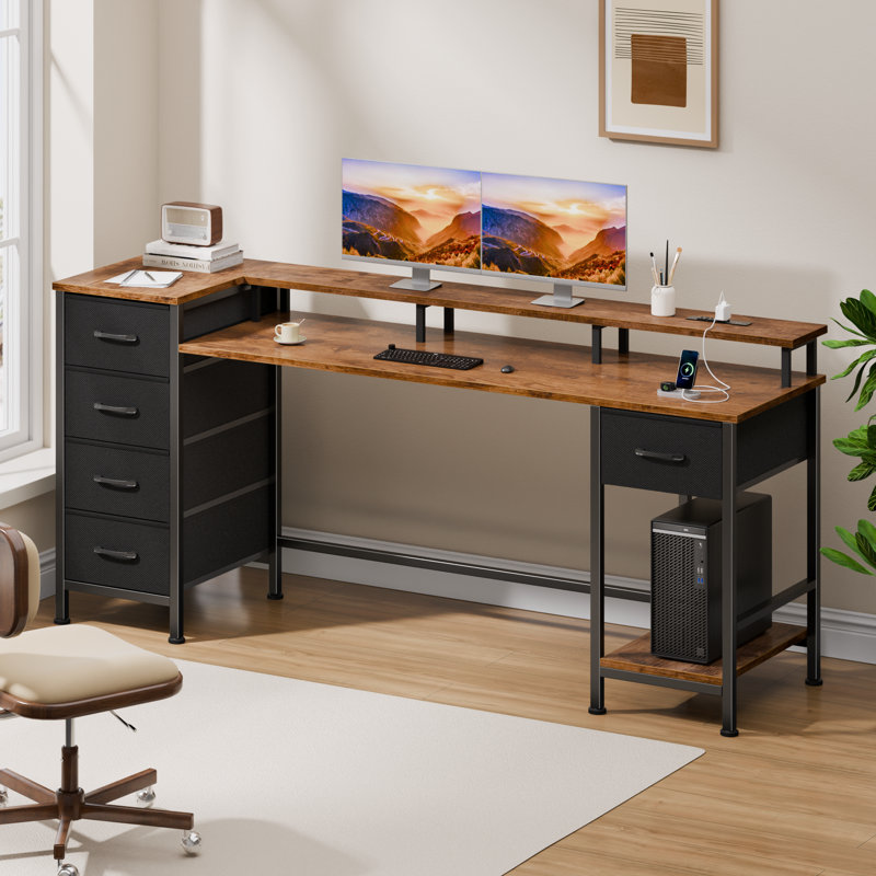 Computer Desk with Monitor Stand & Charging Station, Gaming Desk with LED Lights & Drawers, 29.8" H x 61" W x 18.8" D
