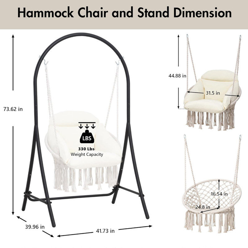 Natural Cotton Macrame Hanging Chair with Cushions and Steel Stand
