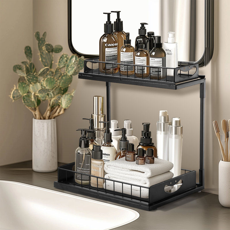 Black Metal 2-Tier L-Shape Under Sink Organizer, 2 Pack