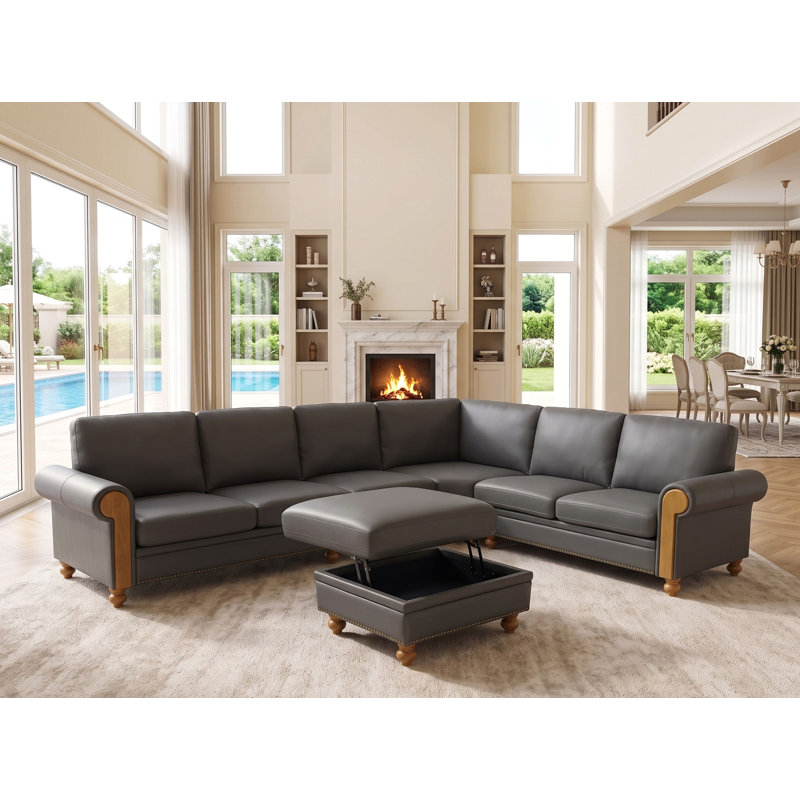 Canapé modulaire en cuir gris avec repose-pieds, Cuir gris assorti
