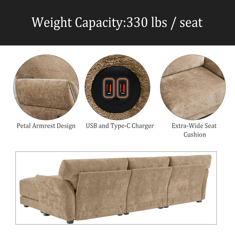 Canapé modulaire modulaire, en forme de L avec coussin de siège extra large, chargeur USB et de type C, conception d'accoudoir pétale, mousse haute densité, repose-pieds à mouvement libre, structure en bois, chenille, 4 sièges