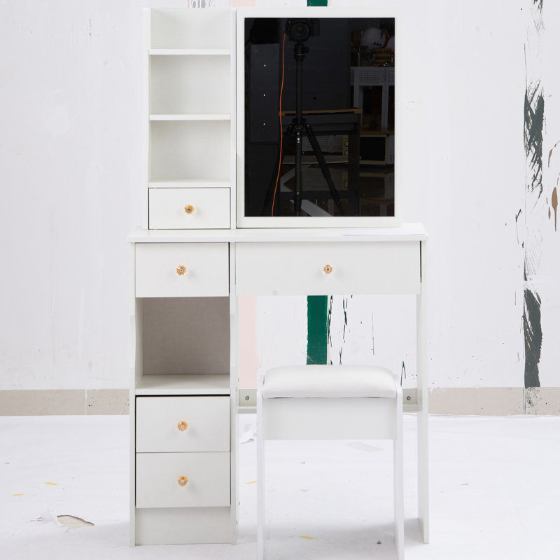 American Style 29.2" Dressing Table With Left Drawer, Right Sliding Mirror, High - Capacity Storage, And Cushioned Stool, Ideal For Little In Small Areas White Vanity Extra Large Perfect Spaces