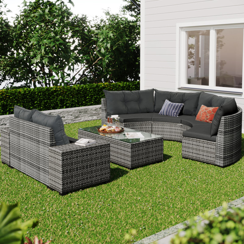 8-Pieces Outdoor Wicker Round Sofa Set, Half-Moon Sectional Sets All Weather, Curved Sofa Set With Rectangular Coffee Table, PE Rattan Water-Resistant And UV Protected, Movable Cushion