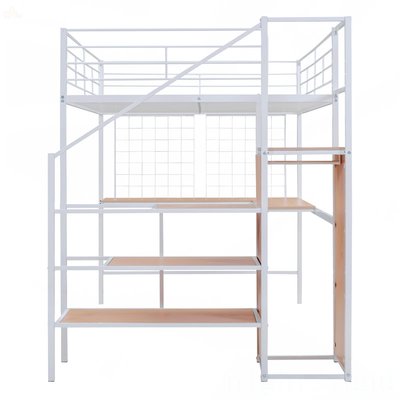 Lit mezzanine double en métal avec bureau et grille en métal, Blanc