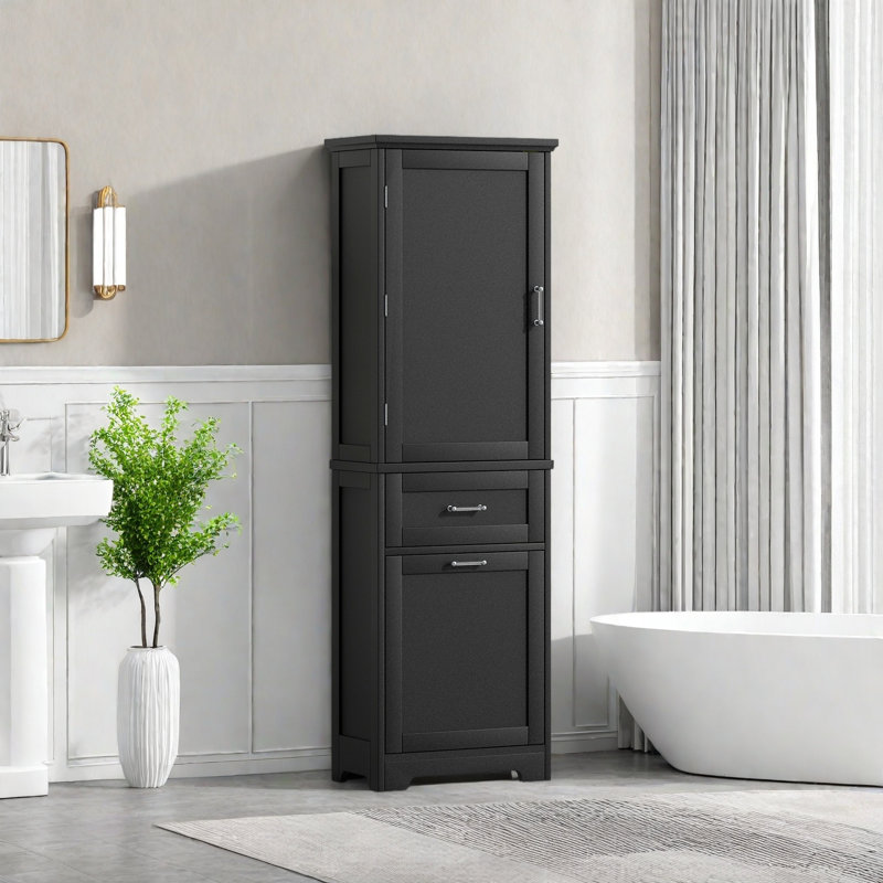 Grande armoire de rangement pour salle de bain, armoire de rangement autoportante avec deux tiroirs de taille différente et tablette réglable