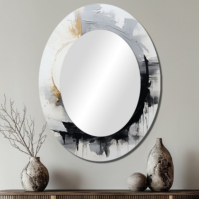 Noir et blanc Zen Spiral II - Miroir décoratif ovale abstrait sur métal, 40 po x 30 po
