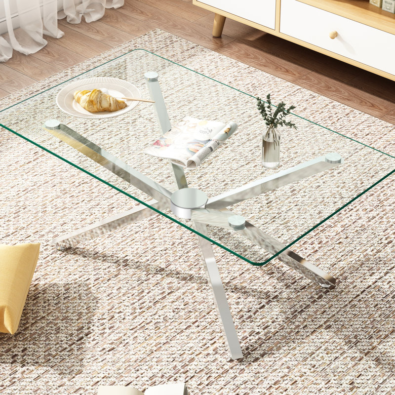 Table basse de 39,36 po rectangulaire en verre trempé transparent avec pieds en métal argenté, utilisation durable, assemblage facile pour tous, rectangulaire, verre, table, option de rangement grande capacité, esthétique moderne