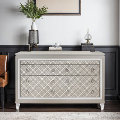 Champagne Dresser with Acrylic Front Legs, Jewel Embellished Hardware, Mirror Accents, 2 Jewelry Drawers, Solid Wood+MDF